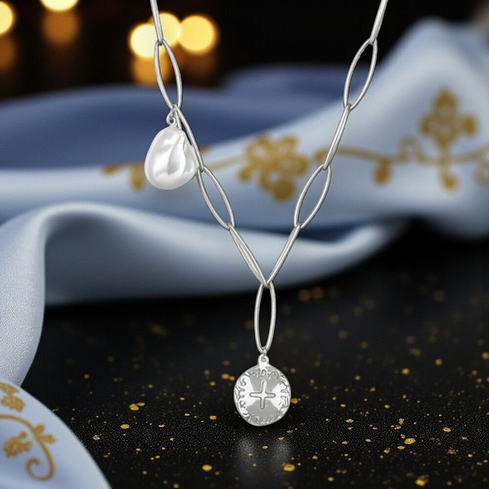 Silver Stainless Steel Lariat Necklace Paperclip Chain Faux Pearl Coin Charm